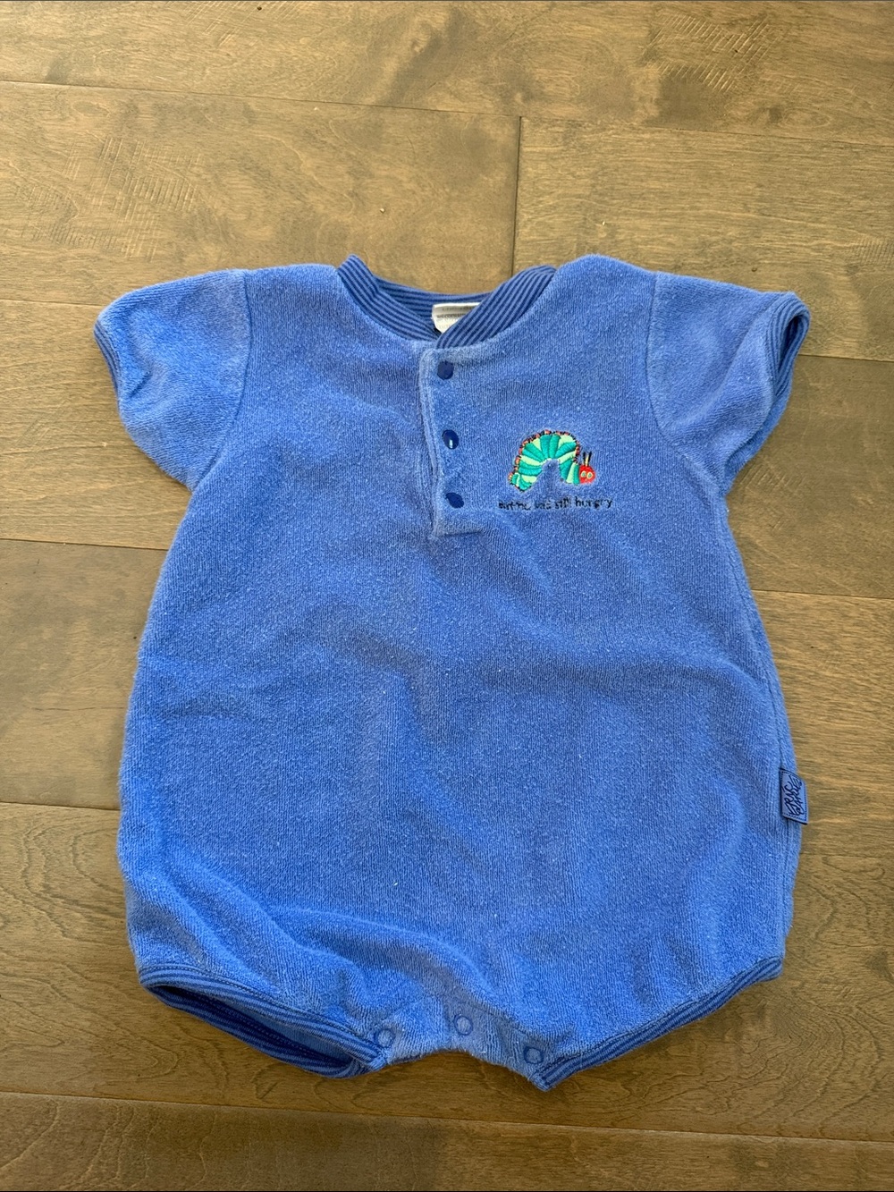 Vintage Carters Blue Terry Baby Romper with Caterpillar Embroidery